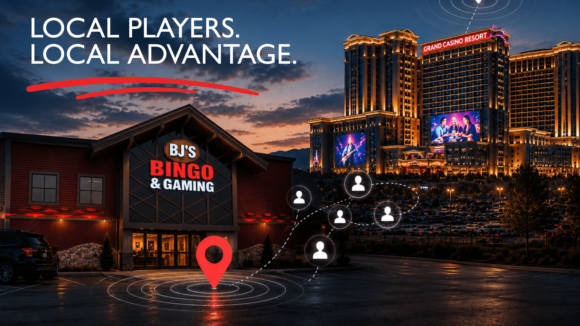 BJ's Bingo & Gaming in the foreground with a large casino resort in the background, illustrating how smaller gaming properties compete through local marketing, audience targeting, and strategic advertising.