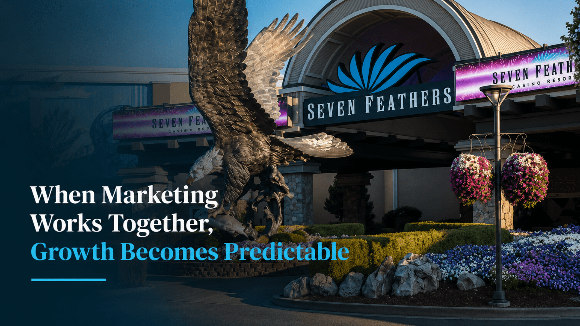 Seven Feathers Casino Resort entrance with eagle statue illustrating a casino marketing strategy case study on aligning promotions, social media, and guest engagement.