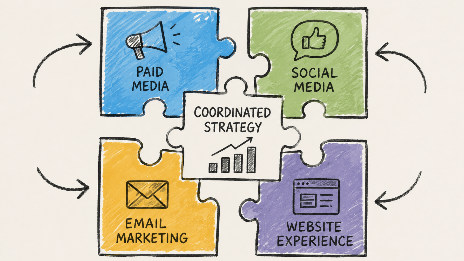 Illustration of paid media, social media, email marketing, and website experience working together as a coordinated casino marketing strategy.